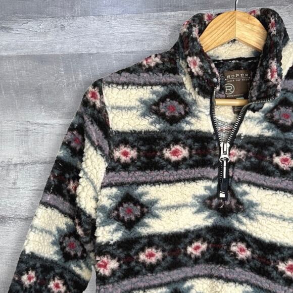 Roper Southwestern Quarter Zip Polar Fleece Pullover Women S Aztec Ivory Pockets - Picture 3 of 5